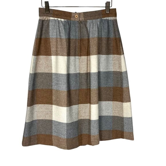 Vintage 60s Brown Grey Check Plaid Wool Blend Knee Length A Line Skirt Medium - Picture 6 of 7